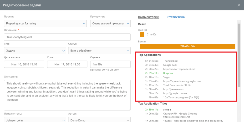 статистика использованных програм и сайтов