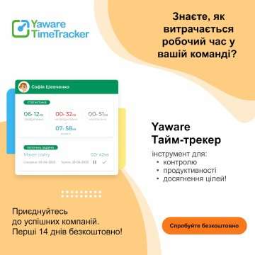 Зображення Yaware Тайм-трекера з інструментами контролю часу, продуктивності та досягнення цілей.