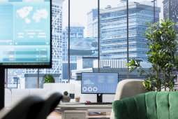 Computer screen showcases business data and statistics in professional boardroom